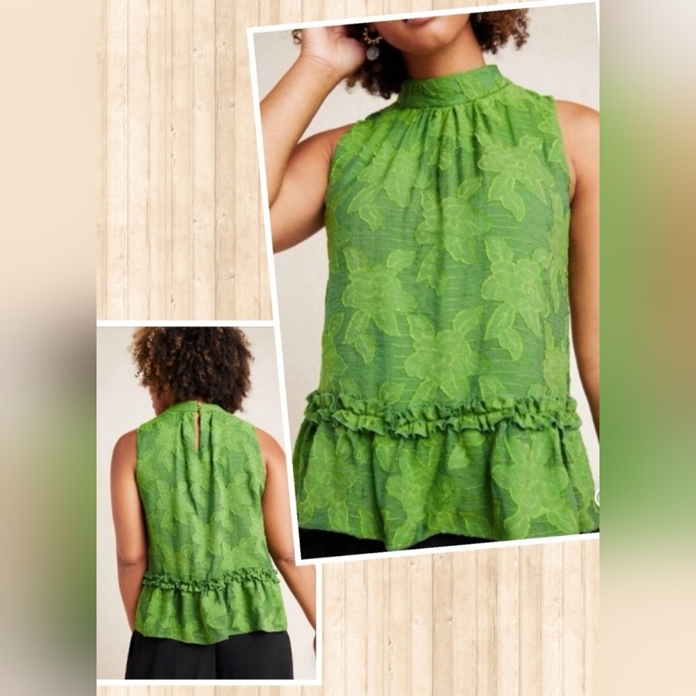 Anthropologie Maeve Green Floral Appliqué Savannah Swing Blouse Sz 10 Boho Chic